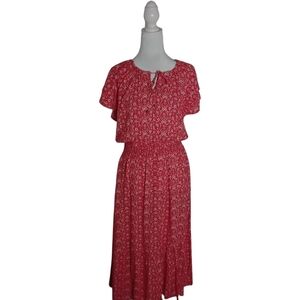 Destination 365 Women's XS Red White Print Short Sleeve Tie Neck Maxi  Dress